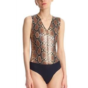 COMMANDO Faux Leather Animal V Neck Bodysuit Snake Print Size Medium NWT New